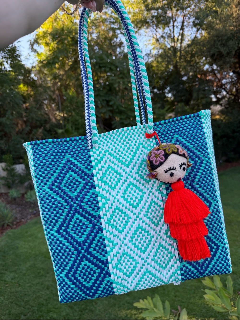 Handwoven Blue & Teal Diamond Tote Bag with Red Tassel Charm